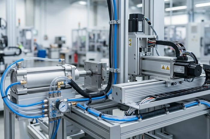 Pneumatic cylinder and electric linear axis side by side on industrial test bench — selection guide for OEM machine builders